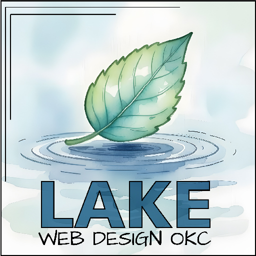 A watercolor leaf logo with Lake Web Design OKC blended underneath.